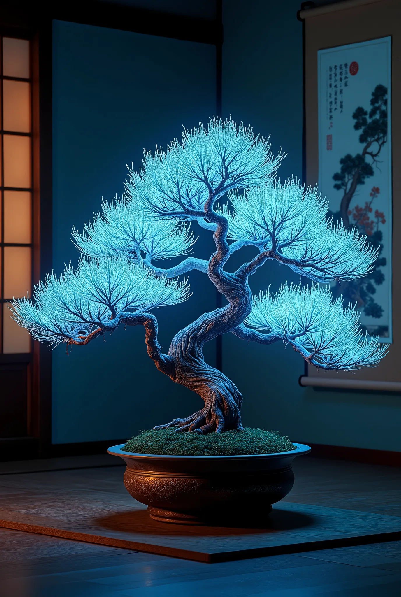 Pine bonsai made from optical fiber。Emitting neon light、Planted in an elaborate flowerpot。branch、Dry、Each leaf shines delicately、曲がりくねったDry、It is quietly displayed in the tokonoma alcove of a dark Japanese-style room.。A Japanese painting scroll hanging on the wall