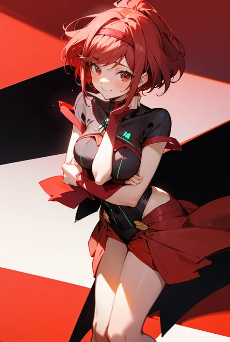 pyra homura, short reddish hair with ponytail, red dress with black lines, red headband, high-heeled slippers, one-room setting,...