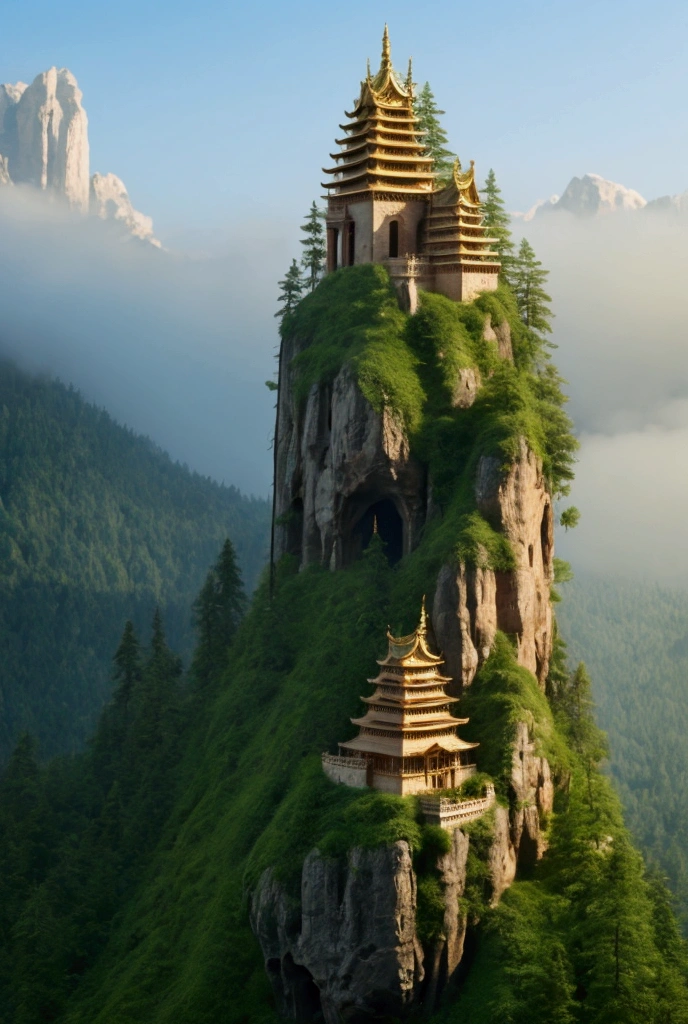 A temple built on top of a steep cliff shrouded in mist. High resolution., masterpiece, Best Quality, High detail, High-resolution model, Very detailed, Ultra high definition, landscape