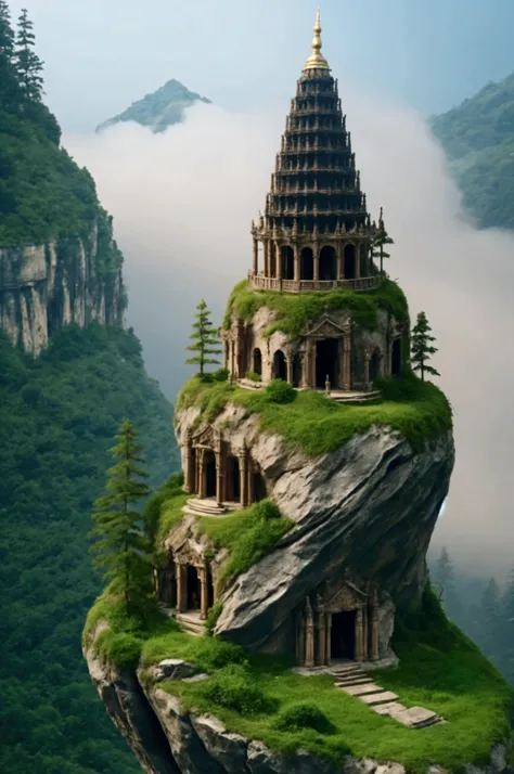 a temple built on top of a steep cliff shrouded in mist. high resolution., masterpiece, best quality, high detail, high-resoluti...