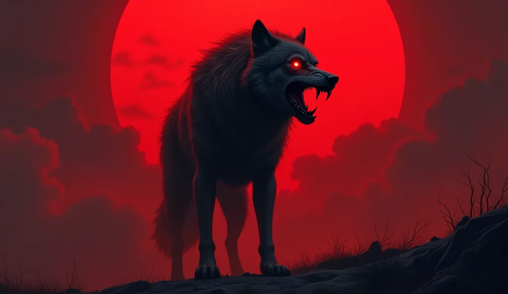 A ferocious wolf with glowing red eyes snarls against a blood red sun, the image is dark and mysterious with a hint of danger.