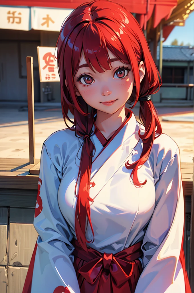 8k、High definition、Ultra Detail、Photorealistic、High resolution、Realistic and accurate depiction、Realistic and accurate human anatomy、Best Quality、Japanese women 、beautiful girl、White and red hakama、Red hakama on top and red on bottom,White tabi,Red ribbon in hair,1,bangs,Smile a little,knees,Japanese style hairstyle,Looking up from below, An innocent smile、Natural Makeup、Perfect Skin、Charming、cute