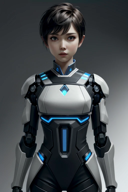 ((masterpiece, best quality))
 DKara, a robot humanoid girl, short tomboy pixie cut hair, black hair, robot humanoid body, gray background