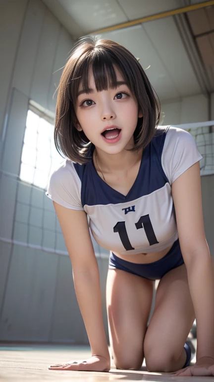 (((Best Quality))), ((masterpiece)), (detailed), ((solo)), (((((((An 1 high school girl wearing a volleyball uniform))))))), tall, ((White skin)), ((((Angle of view that includes face and whole body)))), (((Well-formed face))), ((Big Eyes)), ((((((((Droopy eyes)))))))), ((((Closer Eyes)))), ((Glowing skin)), (((((Correct Anatomy))))), Spread your legs, (((((Delicate and thin thighs))))), ((((Stylish bangs)))), (Stylish hairstyle), ((Slender and slim lower body)), ((((((((Open Mouth)))))))), (((((Angle from below))))), (((((Lean forward and kneel on the floor))))), ((Cheek)), (((Poke out your lips))), 