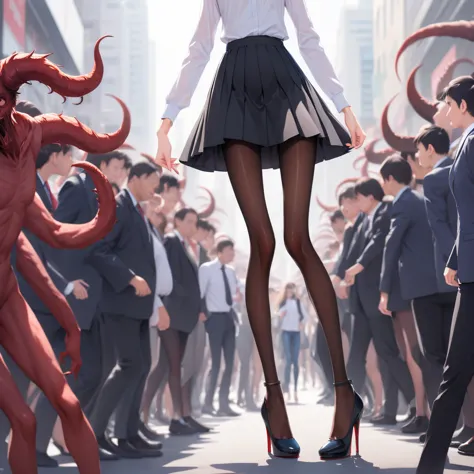 skinny skinny girl. in a shirt skirt. in pantyhose. in heels. ,kicks , against a crowd of demons