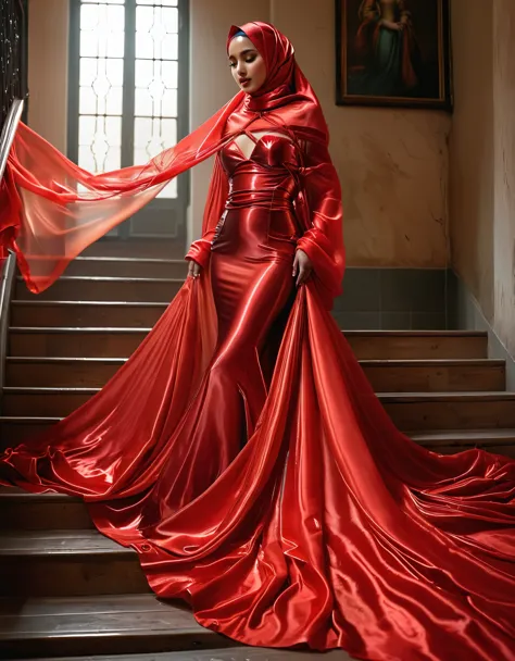 a woman shrouded in a 10-meter-long,woman plush red semi transparent satin shimmer cloth, tightly bound and grandly draping alon...