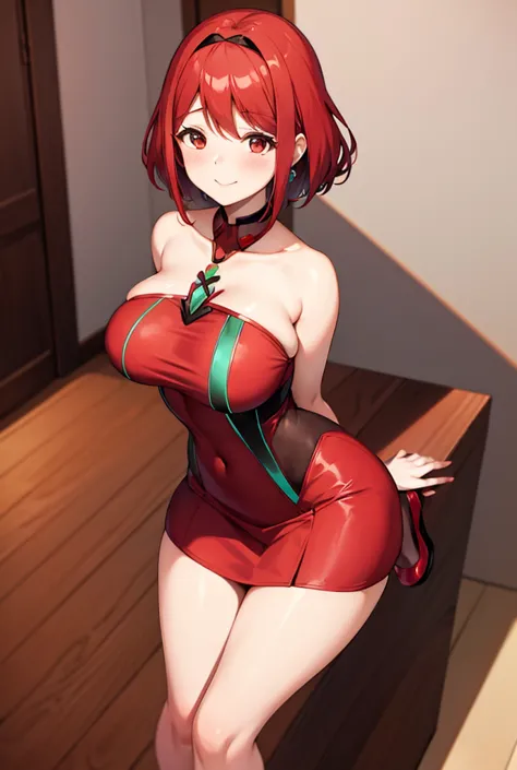 pyra homura, short reddish hair with ponytail, red dress with black lines, red headband, high-heeled slippers, one-room setting,...