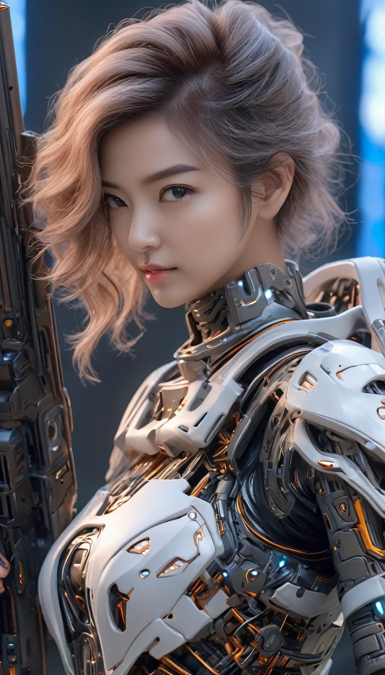 (Best Quality, 4K, 8k, High resolution, masterpiece: 1.2), (Very detailed, Realistic, Realistic:1.37), Futuristic衣装を着た女性, A woman wearing exoskeleton cyber armor, The armor fits snugly、((Cyber girl with a laser rifle)), Full body photo, Maximum details, she&#39;Cyber girl with a laser rifle,Superior quality through precise drawings, 8k,chest, blue eyes, High resolution, 超High resolution, Best Quality, Shortcuts, Big chest, Cinematic Lighting Effects, Futuristic, blonde, 美しいBlack Hairの女性, blue eyes, Cyberpunk style woman, ((Inside a high-tech spaceship)), High-quality images、Black Hair, Shortcuts,