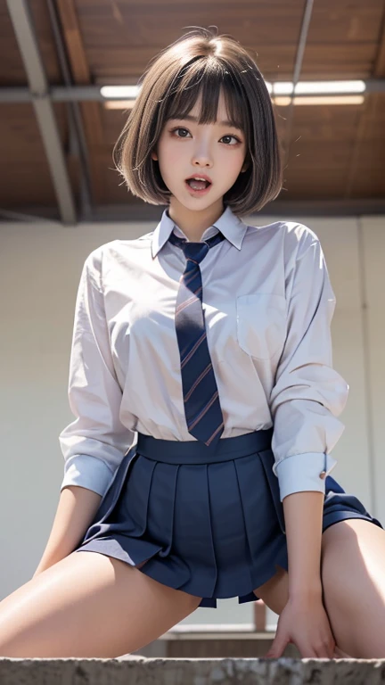 (((Best Quality))), ((masterpiece)), (detailed), ((solo)), ((((((1 high school girl wearing large-sized school uniform)))))), (((Legs visible through skirt))), ((White skin)), ((((Angle of view that includes face and whole body)))), (((Well-formed face))), ((Big Eyes)), ((((((((Droopy eyes)))))))), ((((Closer Eyes)))), ((Glowing skin)), ((((Correct Anatomy)))), Spread your legs, [[[[Delicate and thin thighs]]]], ((((Stylish bangs)))), ((Stylish hairstyle)), [[[[[[Slender and slim lower body]]]]]], (((((Straddle position))))), (((((Open Mouth))))), ((((Angle from below)))),