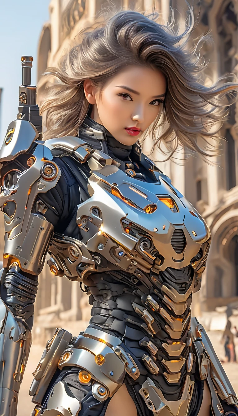 (Best Quality, 4K, 8k, High resolution, masterpiece: 1.2), (Very detailed, Realistic, Realistic:1.37), Futuristic衣装を着た女性, A woman wearing exoskeleton cyber armor, The armor fits snugly、((Cyber girl with laser gun)), Full body photo, Maximum details, she&#39;Cyber girl with laser gun,Superior quality through precise drawings, 8k,chest, blue eyes, High resolution, 超High resolution, Best Quality, Shortcuts, Big chest, Cinematic Lighting Effects, Futuristic, 美しいBlack Hairの女性, blue eyes, Cyberpunk style woman,Blue Light Illumination， ((Inside a high-tech spaceship)), High-quality images、Black Hair, Shortcuts,