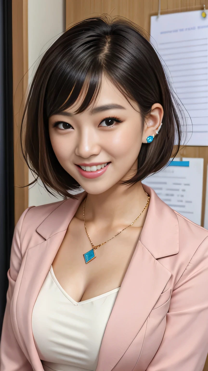 RAW Photos, High resolution, Very detailed, Intricate details, 、ear piercing、、short hair、Black Hair、Office Lady Suits 、Jacket、shirt、smile、Beautiful teeth alignment、Big Breasts、Heavy makeup、Necklace around the neck、, The background is the office
