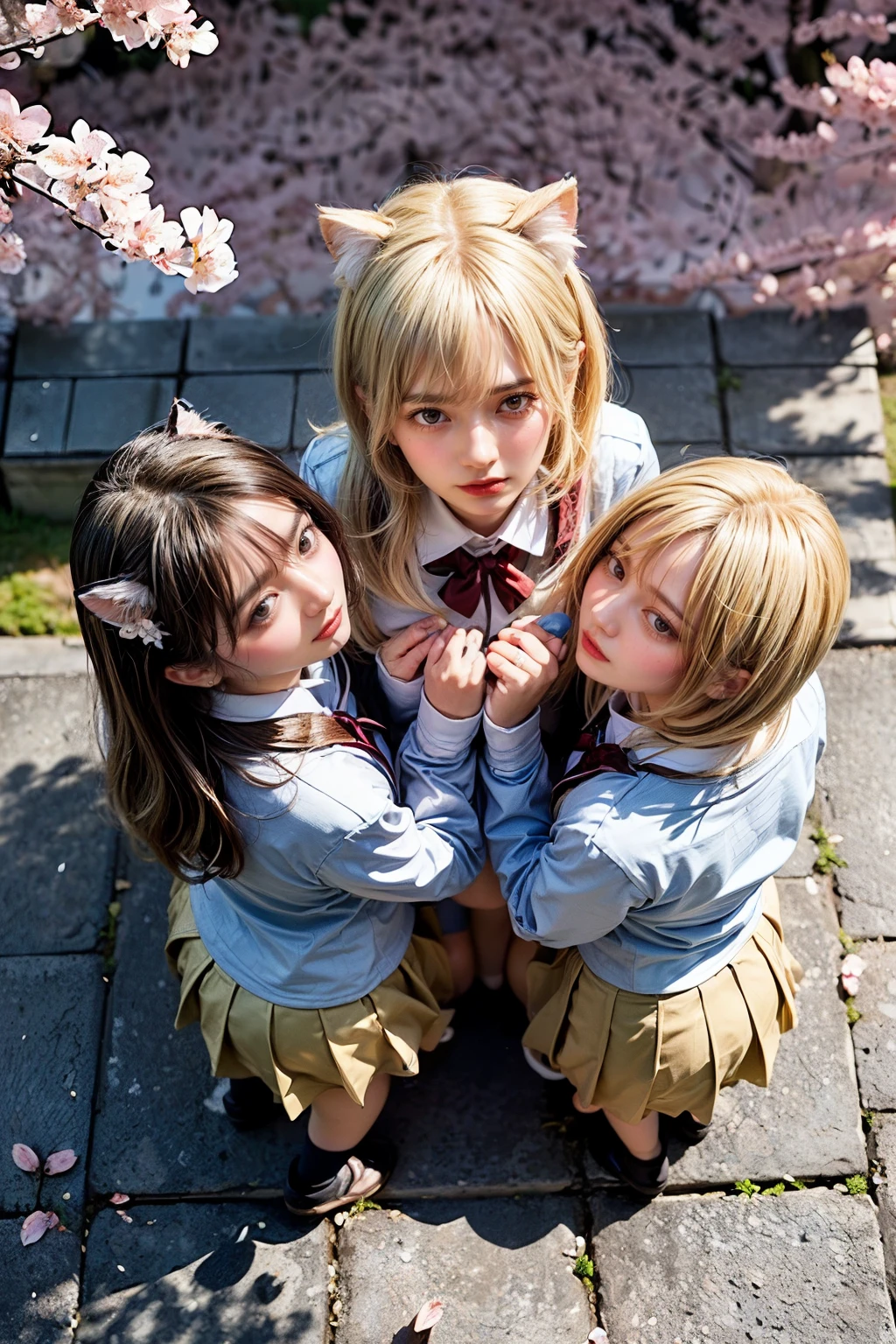 Masterpiece, 4K, bokeh, (Three girls in:1.5), (School uniform:1.3), (Bright Blonde hair:1.6), (ponytail:1.2),(Blushed face:1.3), (Plump breast:1.2), (walking:1.3), (Cat ears:1.3),(From top view:1.8),(Cherry blossoms in full bloom at night:1.6), Closeup, (Crouching:1.3)