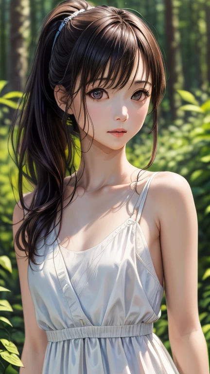 ((hig彼st quality、8k、32k、masterpiece)、(Realistic)、(Realistic:1.2)、(High resolution)、Very detailed、Very beautiful face and eyes、1 girl、Round and small face、Tight waist、Delicate body、(hig彼st quality、Attention to detail、Rich skin detail)、(hig彼st quality、8k、Oil paint:1.2)、Very detailed、(Realistic、Realistic:1.37)、Bright colors、Full Body Shot、Small breast、 white summer dress, ponytail, in a forest