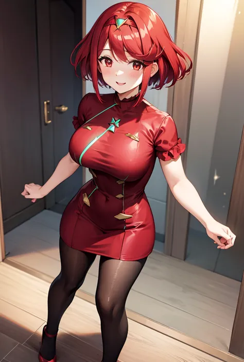 pyra homura, short reddish hair with ponytail, red dress with black lines, red headband, high-heeled slippers, one-room setting,...