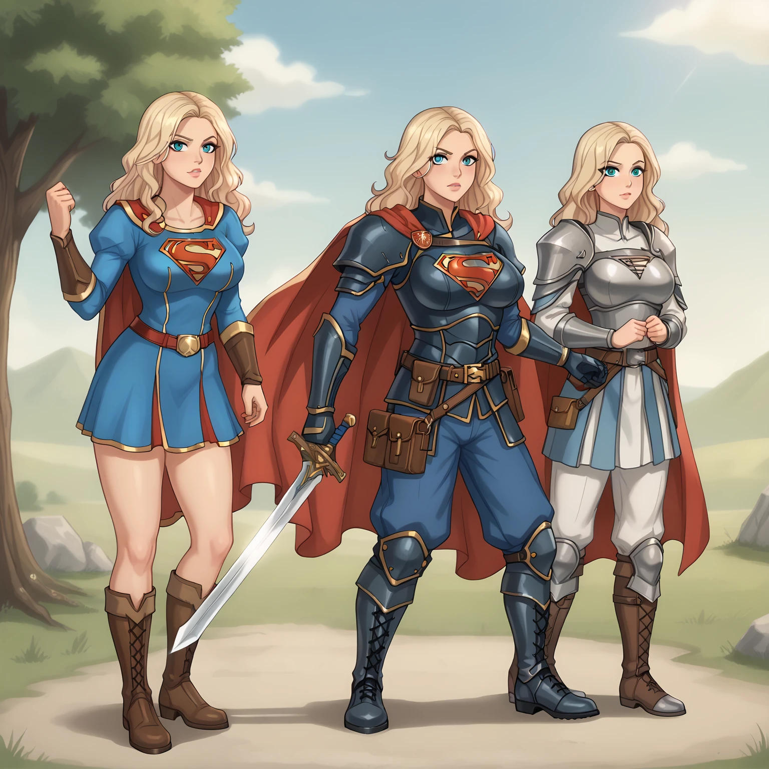 Supergirl paladin warrior in paladin clothing, voluptuous body, medieval, isekai, long wavy hair, split hair style, Full armor with cape, High combat boots, sword