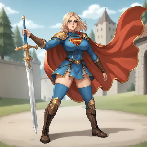 supergirl paladin warrior in paladin clothing, voluptuous body, medieval, isekai, shoulder length hair, split hair style, full a...