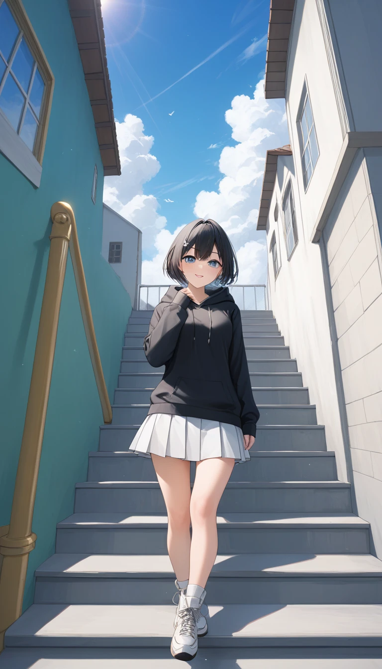 アニメ、((Amazingly absurd)),(masterpiece:1.2),超High resolution, Attention to detail, high quality, High resolution, 最high quality, 4K, 8k、Black hoodie、White Skirt、Black Hair、short hair、cute、Depicting climbing stairs、Stairs to a bright future,Dazzling background,Beautiful background、Blue sky、White cloud,close-up