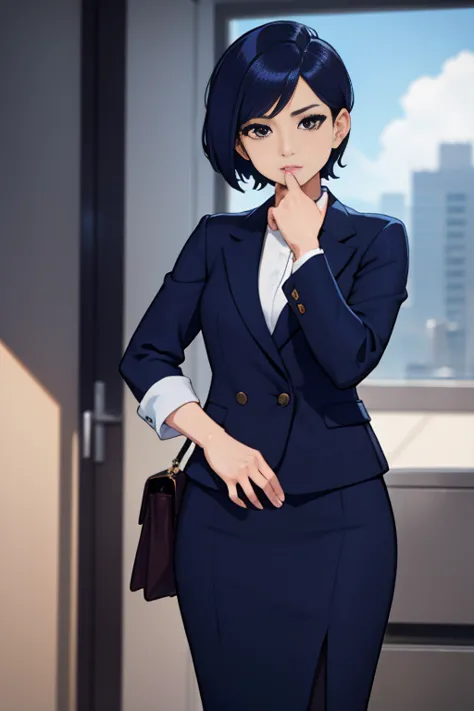 wear a navy blue suit、she is wearing a navy blue tight skirt.、career woman, 3、hairstyle: short hair permanent、has a stern look、