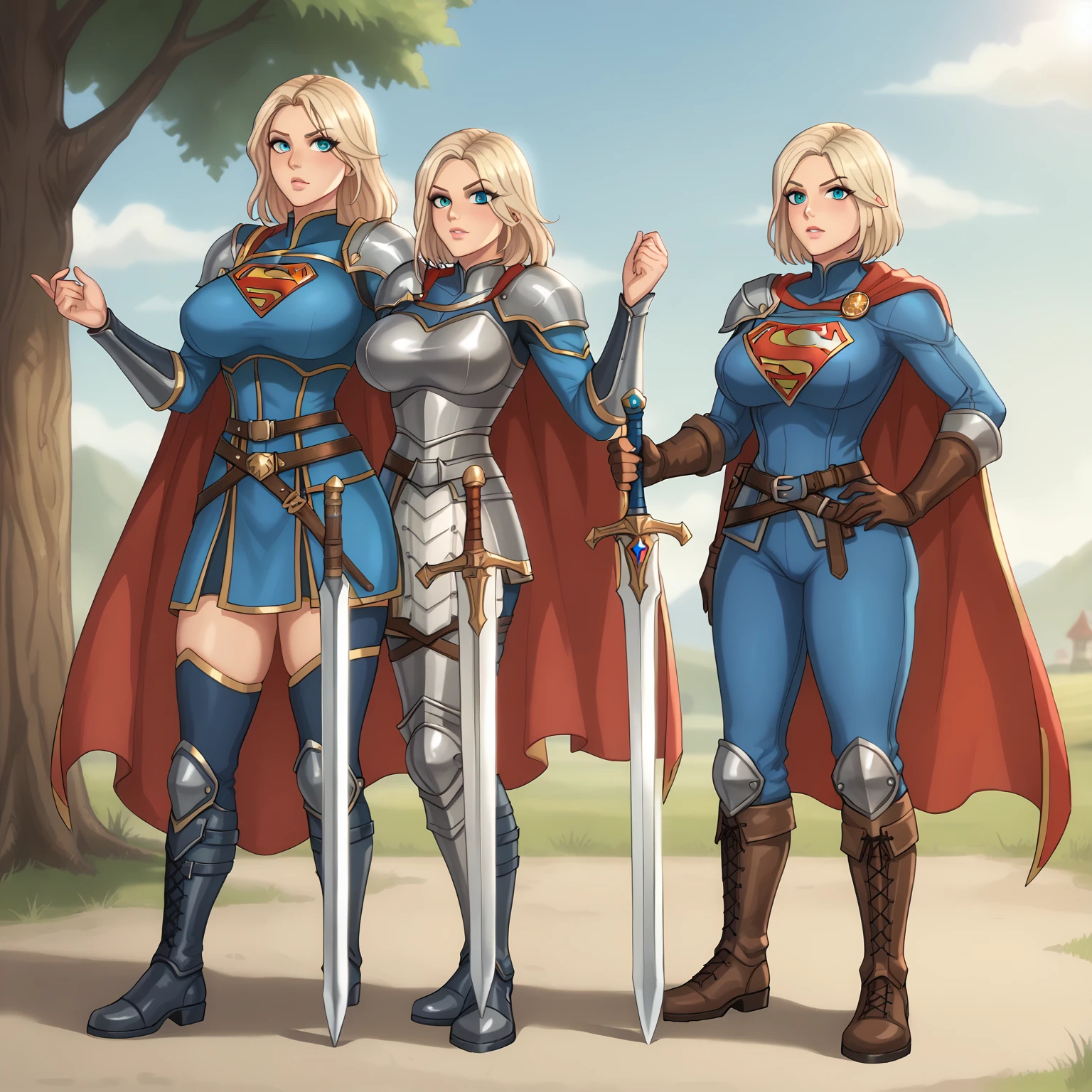 Supergirl paladin warrior in paladin clothing, voluptuous body, medieval, isekai, Shoulder length hair, split hair style, Full armor with cape, High combat boots, sword, warrior lack