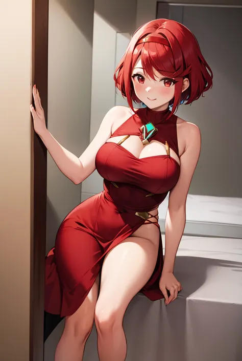 pyra homura, short reddish hair with ponytail, red dress with black lines, red headband, high-heeled slippers, one-room setting,...