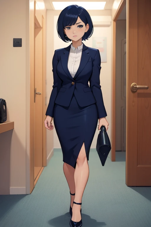 A career woman, 3, wearing a suit、Hairstyle: Short Hair Permanent、Below is　　Navy blue tight skirt、When he gets home, he looks tired and takes a beer from the fridge and drinks it.　　　　　