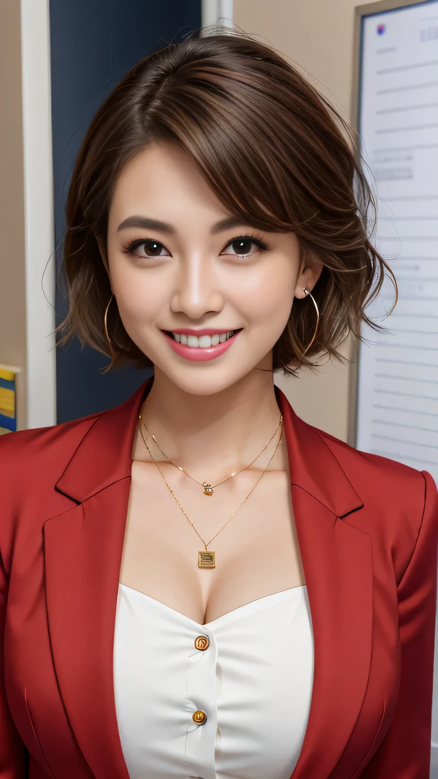 RAW Photos, High resolution, Very detailed, Intricate details, 、ear piercing、、short hair、Light brown hair、、Office Lady Suits 、Jacket、shirt、smile、Beautiful teeth alignment、、Heavy makeup、Necklace around the neck、, The background is the office
