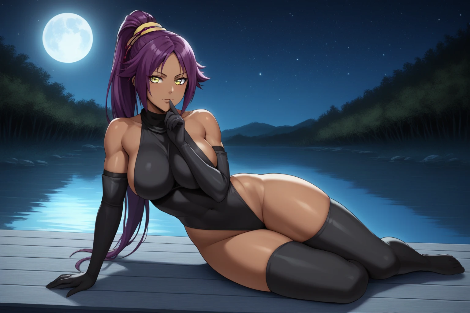 score_9, score_8_up, score_7_up, masterpiece, high quality, BREAK
yotuichi, yoruichi, thighhighs, gloves, bare shoulders, yellow eyes, ponytail, purple hair, thighs, black gloves, elbow gloves, black thighhighs, dark skin, leotard, outside, nighttime, night, dark sky, black sky, stars in sky, lake in background, trees in background, sexy, dark-skinned female, laying on side, on side, laying down, looking at viewer, staring at viewer, hand on chin, leaning on hand, thick thighs, busty, source_anime rating_explict