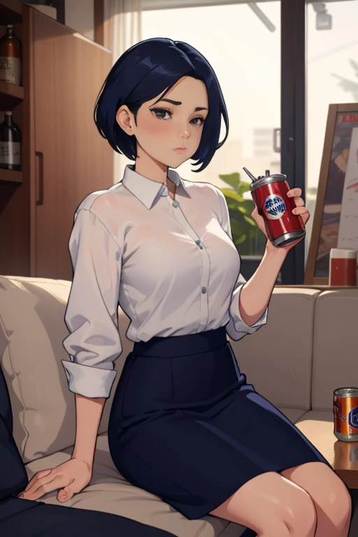 A career woman, 3, wearing a suit、Hairstyle: Short Hair Permanent、Underneath is a tight navy blue skirt、With a tired look on his face, he takes out a can of beer from the refrigerator at home and drinks it.、Hold a can of beer in your right hand、Sit deep on the black sofa