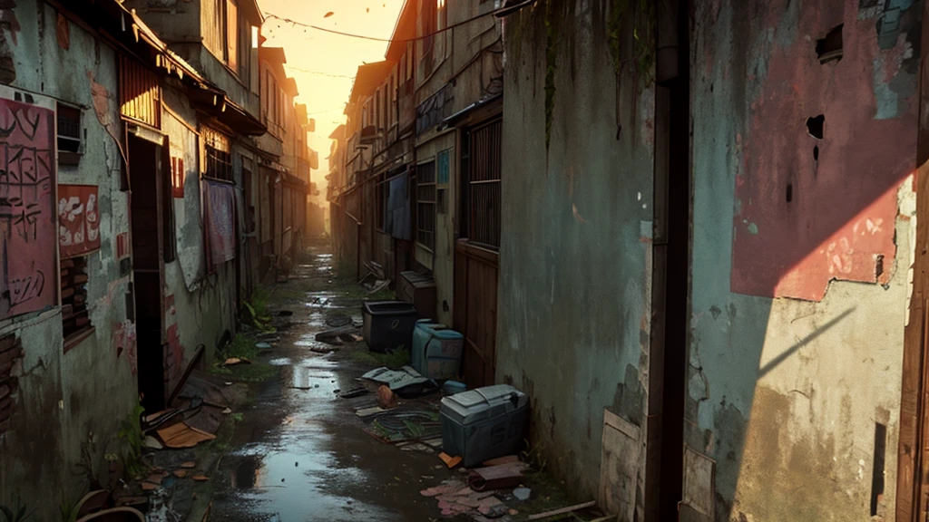 Anime background art,　Narrow back alley, Piping and outdoor units, dark, scared, concrete, Abandoned old housing complex, Ultra-detailed depiction with every last detail,