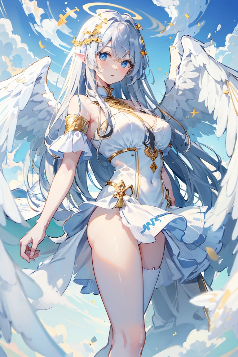 1 angelic woman,2 giant angel wings,white angel halo,left eye blue color right eye yellow color 