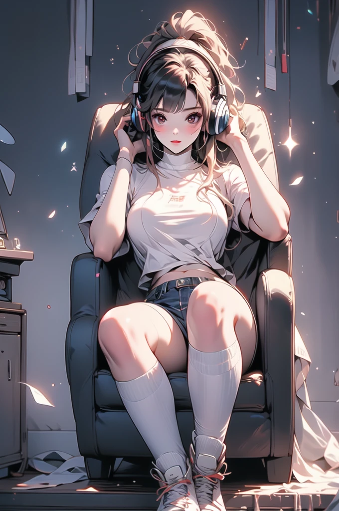 horn, White T-shirt, Knee-high socks, Wearing headphones, gameroomconcept, machine, computer, keyboard, Gaming Chair, RGB lighting, headphones best quality, masterpiece, Ultra-high resolution, Attention to detail,