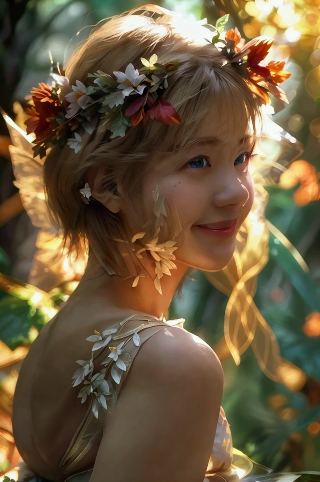 Very detailed, masterpiece, Cinematic Lighting Digital Photography, art,girl, Blonde,Short hair,A happy smile,Muscular,sexy,suit,(masterpiece, Side light, complicated, elegant, Very detailed,In the forest,elegant,crown,Gorgeous,Beautiful legs,Flower Hair Ornaments,Mysterious Forest、Glowing flying fairy,Beautiful, detailed eyes: 1.2), High resolution, Realist, High resolution,Big breasts that look like they might burst,High nose,写真のための美しくsexyなポーズ, Swimwear