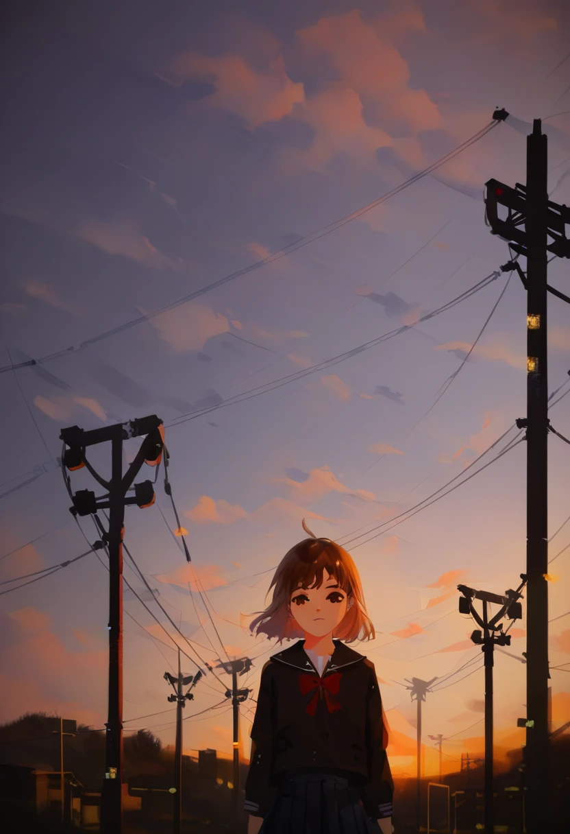 (exception, Best aesthetics, new, newest, , masterpiece, Extremely detailed, Japanese cartoons, Waifu:1.2), 
1 Girl, Another Iwakura, (Brown eyes:1.3), Shi Laiyin, School Uniform, grey夹克, (Red bow tie:0.5), Outside, (Many electric poles and power lines), The sky is cloudy，grey, (straight on)
Beautiful,  HD, 8K, 4K, Natural skin, Textured Skin, pixiv, Depth of Field, Film composition, Optimal lighting 