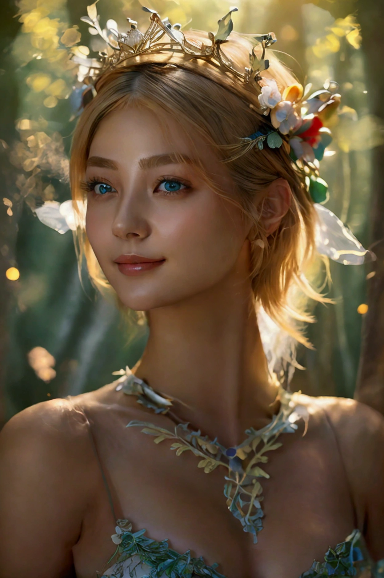 Very detailed, masterpiece, Cinematic Lighting Digital Photography, art,girl, Blonde,Short hair,A happy smile,Muscular,sexy,suit,(masterpiece, Side light, complicated, elegant, Very detailed,In the forest,elegant,crown,Gorgeous,Beautiful legs,Flower Hair Ornaments,Mysterious Forest、Glowing flying fairy,Beautiful, detailed eyes: 1.2), High resolution, Realist, High resolution,Big breasts that look like they might burst,High nose,写真のための美しくsexyなポーズ, Swimwear