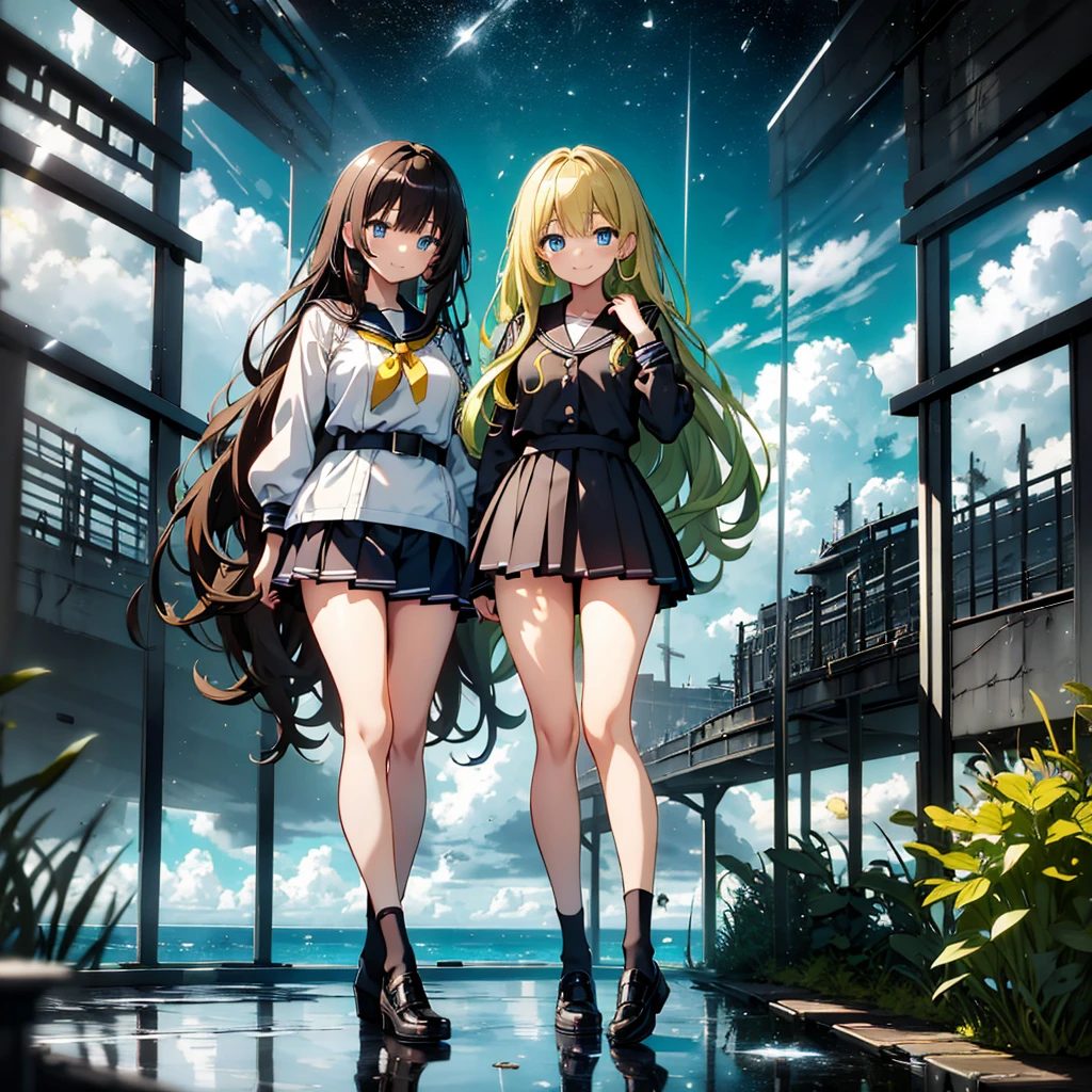 Masterpiece Anime，Best Quality, Highly detailed face，Power Pro, sugami eku, One Girl, Black Sailor Suit, Yellow green long wavy hair, Dark hair tip color, Blue Eyes, Female Manager, School grounds, Sleepy smile, Full body portrait, Three-dimensional background, Multiple clouds, 