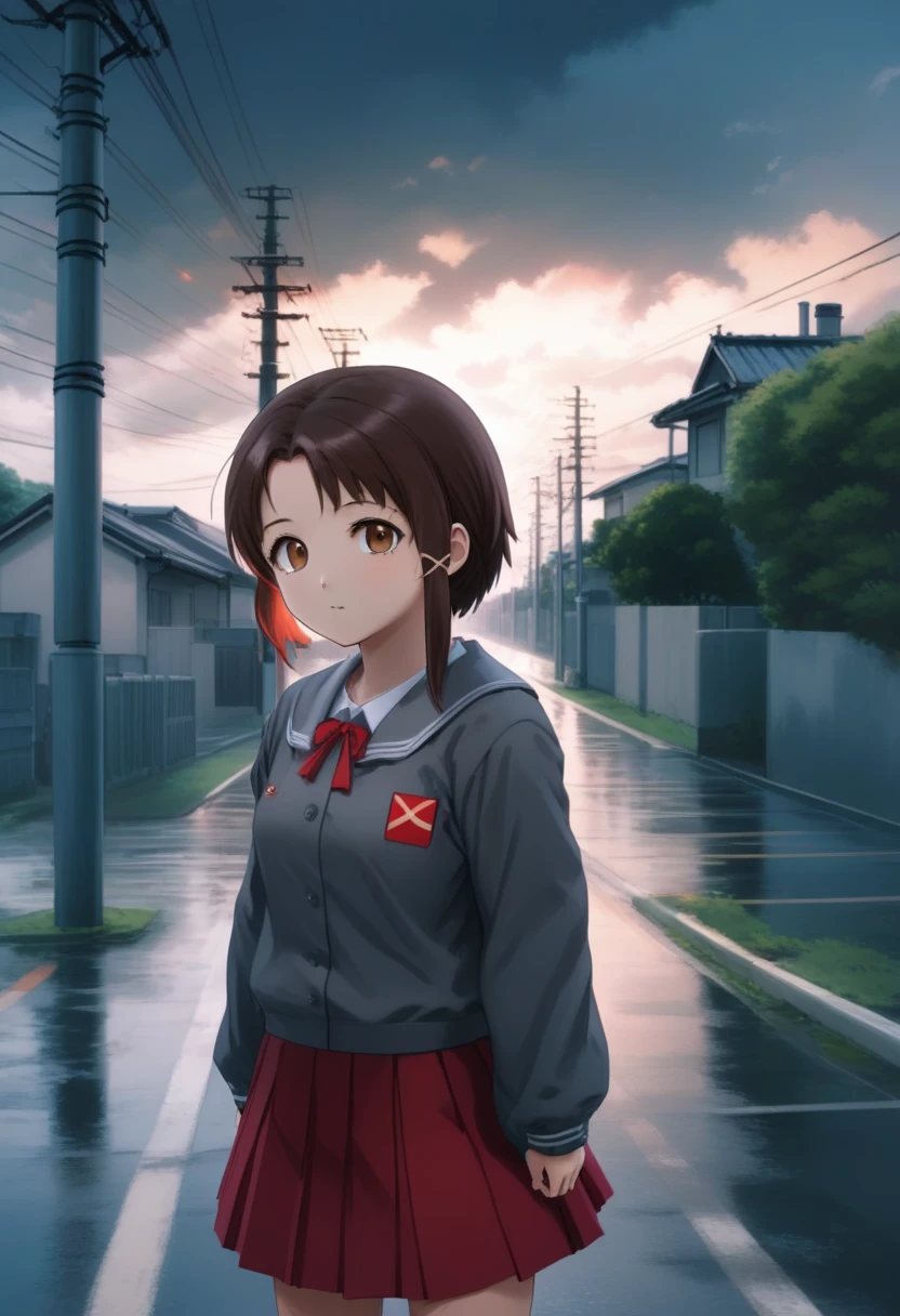 (exception, Best aesthetics, new, newest, , masterpiece, Extremely detailed, Japanese cartoons, Waifu:1.2), 
1 Girl, Another Iwakura, (Brown eyes:1.3), Shi Laiyin, School Uniform, grey夹克, (Red bow tie:0.5), Outside, (Many electric poles and power lines), The sky is cloudy，grey, (straight on)
Beautiful,  HD, 8K, 4K, Natural skin, Textured Skin, pixiv, Depth of Field, Film composition, Optimal lighting 