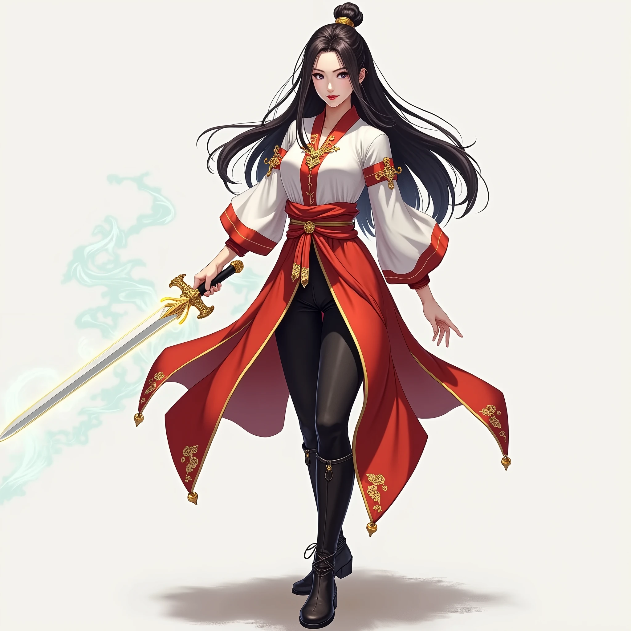 A young adult asian woman holding one light sword, no much skin,
beautiful delicate face,lipstick, serious expression,longer hair,
red and white asian floating clothes with golden details, not so tight black pants, black boots with no heels, more golden accessories,
subtle light blue ethereal aura glowing in the sword,
white background,
illustration,concept art,