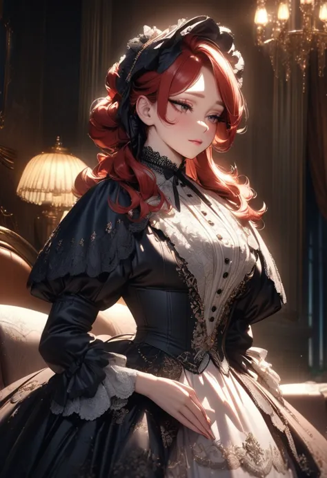 eautiful girl,( setsuna tokage \my hero academia\, mature, redhead, temptetion, gorgeous, seductive, victorian dress with frills...