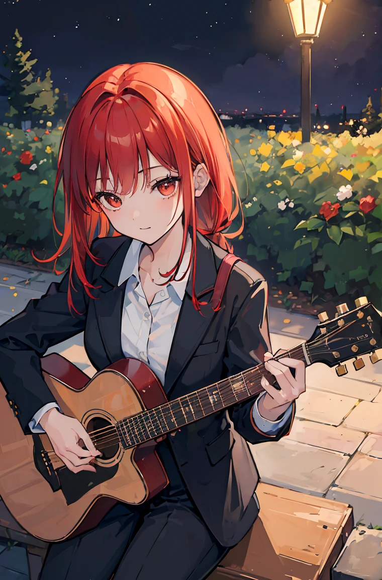 High resolution, (masterpiece:1.4), Very detailed, One junior high school student,night,Singing and playing the guitar in a park with a hill,Singing while playing guitar,One spectator,Makima、Red Hair,In a suit, View from above, Street lamp, -0 hours