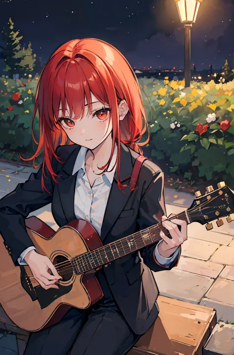 high resolution, (masterpiece:1.4), very detailed, one junior high school student,night,singing and playing the guitar in a park...