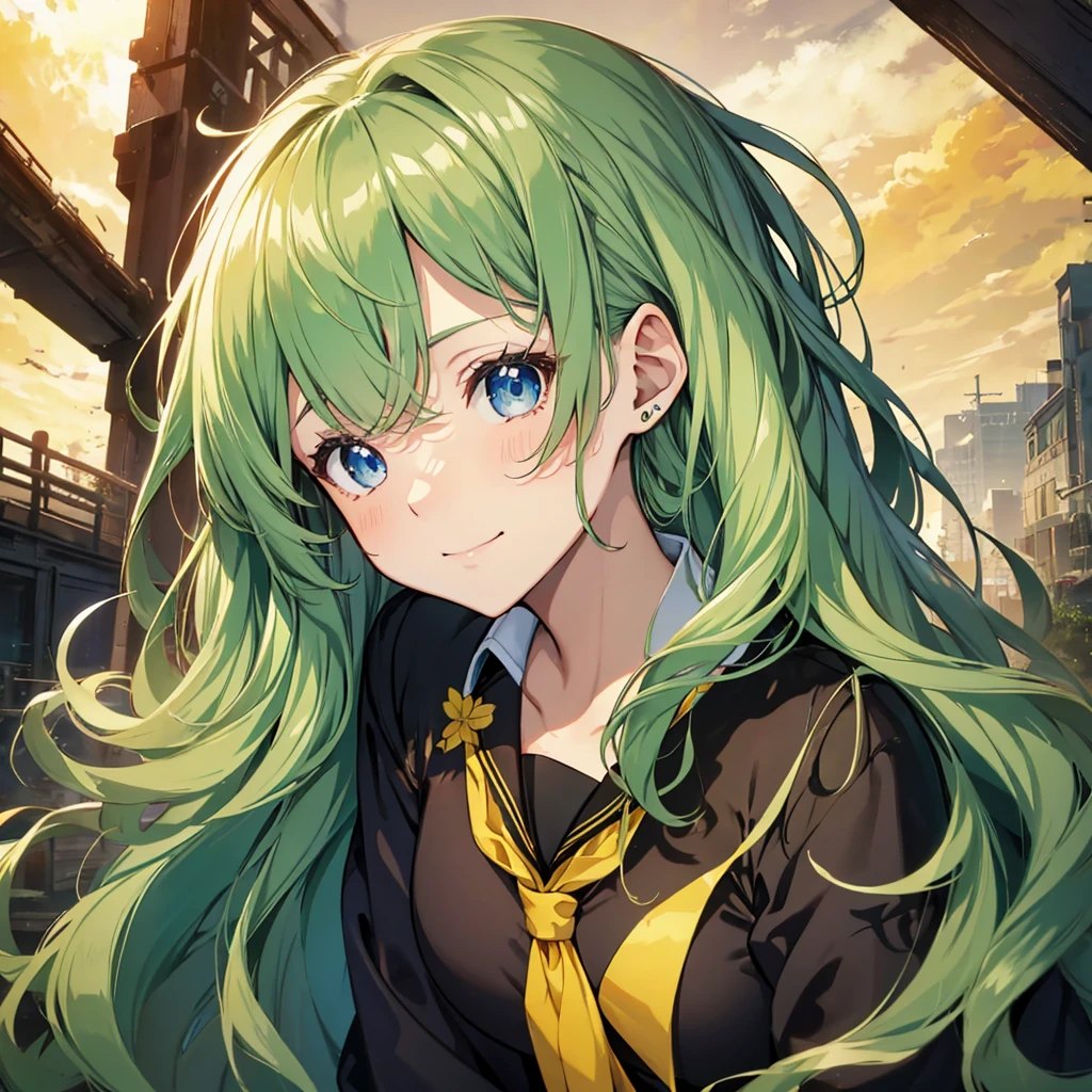 Masterpiece Anime，Best Quality, Highly detailed face，Power Pro, sugami, {{{One Girl}}}, Black Sailor Suit, Yellow green long wavy hair, Dark hair tip color, Blue Eyes, Female Manager, School grounds, Yellow tie, Sleepy smile, Knee-high portrait, Three-dimensional background, Multiple clouds,