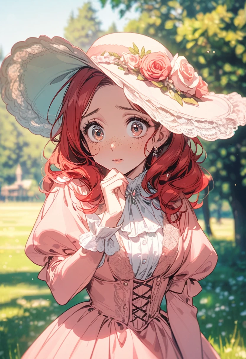 woman, mature, gorgeous, (red hair, shy, freckles, big eyes), victorian dress, hat, outdoors, sunny, pastel color