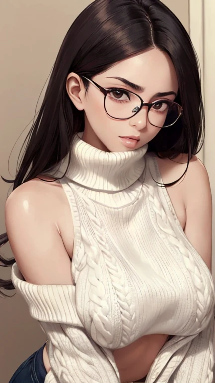 ((Best Quality)), ((masterpiece)), (detailed), One Woman，Beautiful woman，Japanese women，2. Married women，Beautiful body lines，Beautiful Face，Clear Eyes，Hard, Beautiful Skin，Beautiful Hands，Beautiful legs，Long limbs，Black Hair，Beautiful Long Hair，Shiny Hair，Thin lips，Mouth half open，Big Boobs，Blushed，Red cheeks，Embarrassed look，Heavy breathing，Expressions of Ecstasy，Black-rimmed glasses，Dull eyes behind glasses，
Full body shot，Rear view,Beautiful ass,Woman upset，
Wearing a white knitted sweater，Turtleneck sweater，Sleeveless sweater，Beautiful clavicle，The sweater fits the woman snugly.&#39;Body，Nipples are erect，The fabric of the sweater is thin，Are you seducing me??？Crying face，Climax expression，Expression of pleasure，Orgasm facial expression，Blushing and excited expression,Holding a condom in hand,Beautiful bare feet,