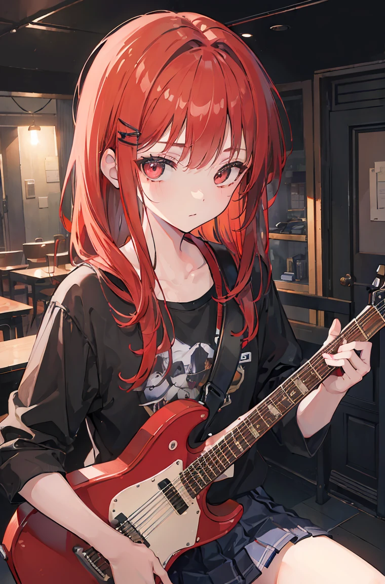 High resolution, (masterpiece:1.4), Very detailed, One junior high school student,night,Live House,Strumming guitar,audience,Makima、Red Hair,A punk look that&#39;s almost nude, View from above, lighting, -0 hours