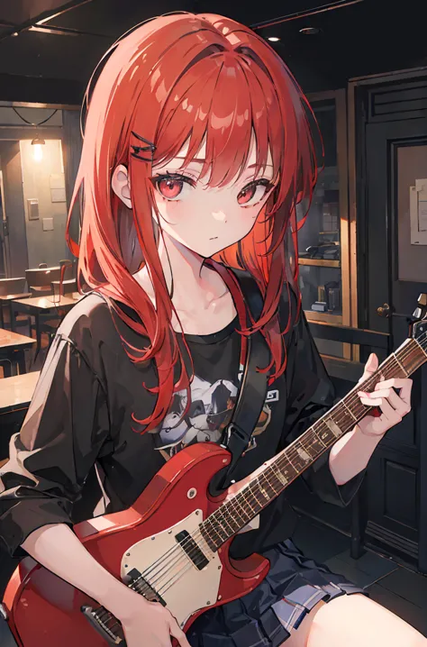 high resolution, (masterpiece:1.4), very detailed, one junior high school student,night,live house,strumming guitar,audience,mak...