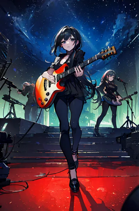 high resolution, (masterpiece:1.4), very detailed, three-piece girl rock band,night view,pv shooting,strumming guitar,under the ...