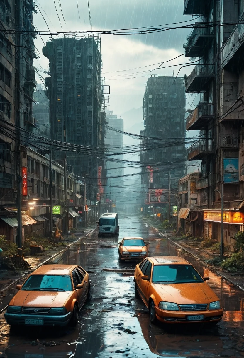 Image of an abandoned ultra futuristic modern city center with crashed and abandoned cars, rusty and dirty among the dirty modern buildings, round and circular, in ruins. cyberpunk style, rain and puddles of water on the ground, Science fiction, view from above from a height of 30 meters, apocalipse nuclear, urban scene with traffic light poles and fallen power lines,  there is a rusty wire fence around the buildings, There are billboards that have been erased and fallen from buildings, many buildings on the horizon as realistic as possible, high quality, 4K, hyper detailed