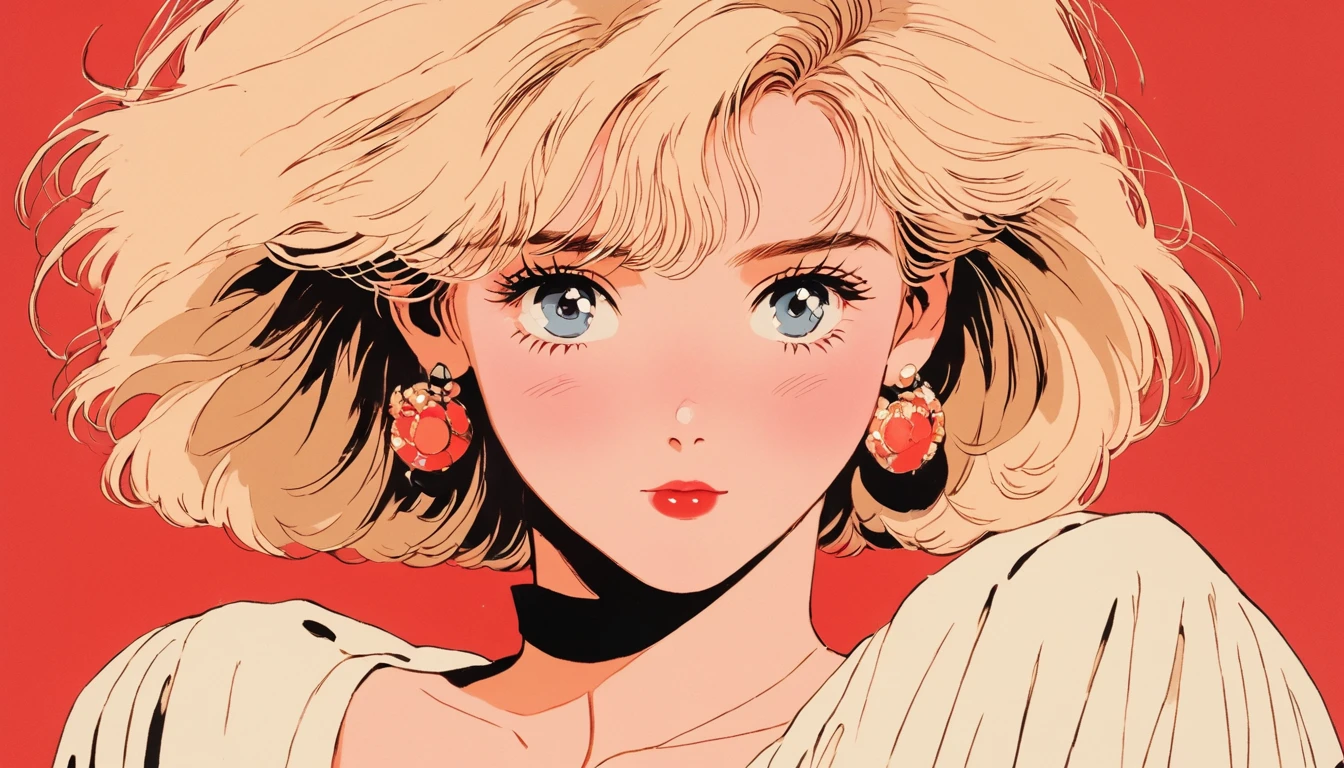 90’s anime style, 1990s style, clear, 1980s style, (blush:1.7), the highest quality, 8k, 1 woman, Only, lofi girl, lofi art, lofi feeling, looking at the viewer, very big eyes, wearing 1980s clothes, upper shot, close up, smiling, light brown eyes, skin white as snow, sparkling eyes, blonde hair, straight short hair, anime girl picking up a viynyl record with her hands, the main focus is on the girl and the vinyl record, solid red background with no other elements