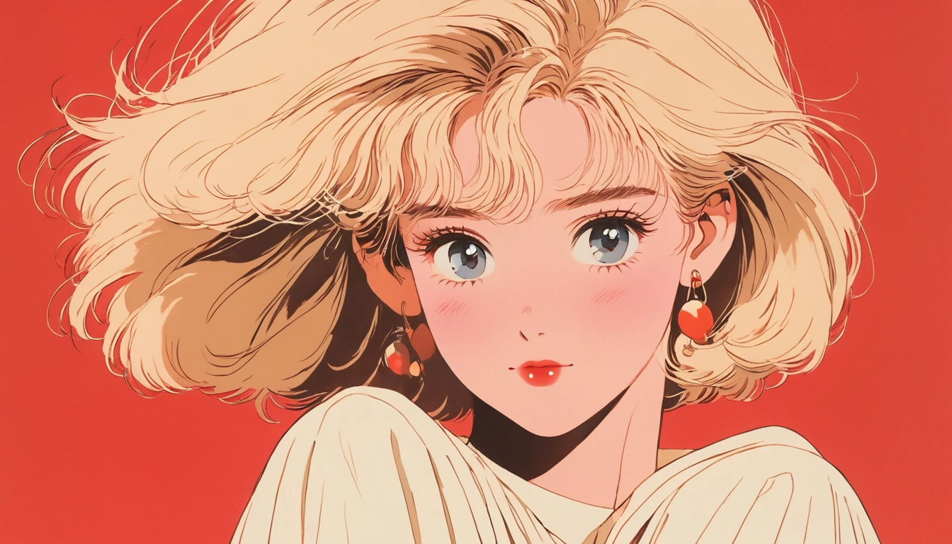 90’s anime style, 1990s style, clear, 1980s style, (blush:1.7), the highest quality, 8k, 1 woman, Only, lofi girl, lofi art, lofi feeling, looking at the viewer, very big eyes, wearing 1980s clothes, upper shot, close up, smiling, light brown eyes, skin white as snow, sparkling eyes, blonde hair, straight short hair, solid red background with no other elements, anime girl picking up a viynyl record with her hands, the main focus is on the girl and the vinyl record