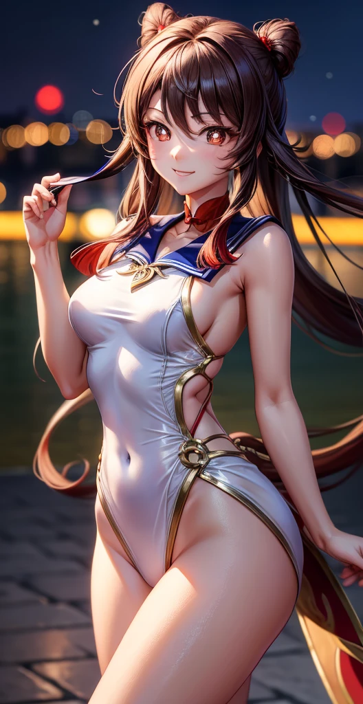 high resolution, HD, best quality, Extremely Detailed, 1 , hu tao, mischievous smile, sexy slim body, revealing Sailor Moon uniform, short clothes, lots of exposed skin, city at night.